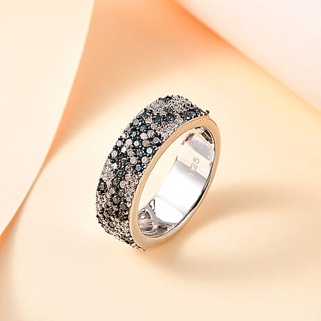 Designer Inspired -Blue & White Diamond Ring in Platinum Overlay Sterling Silver 1.00 Ct,