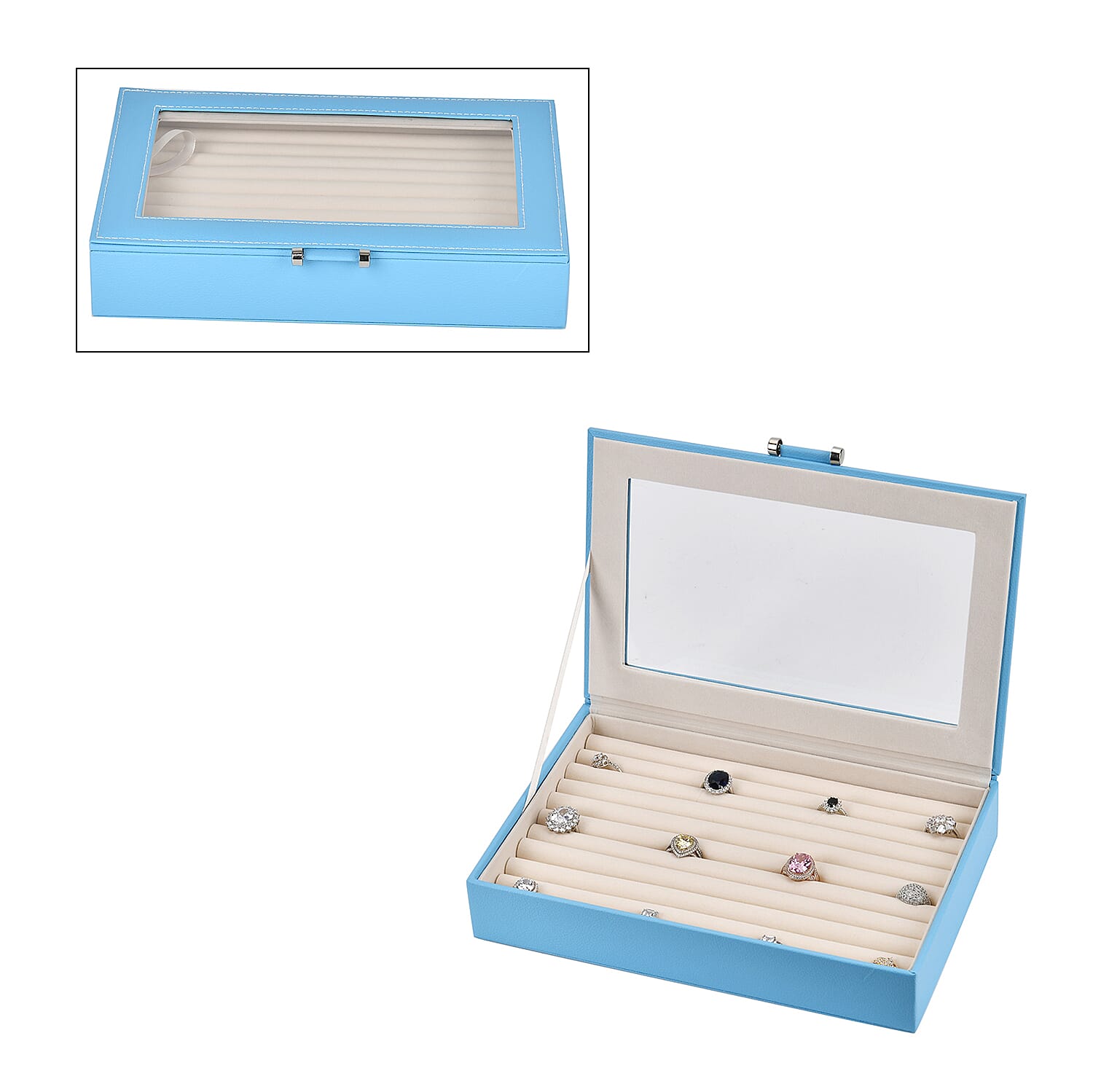 Turquoise Blue Stylish Ring Box with Glass Display Anti Tarnish Lining Holds up to 100 Rings 10x7x2 cm 7771445 TJC