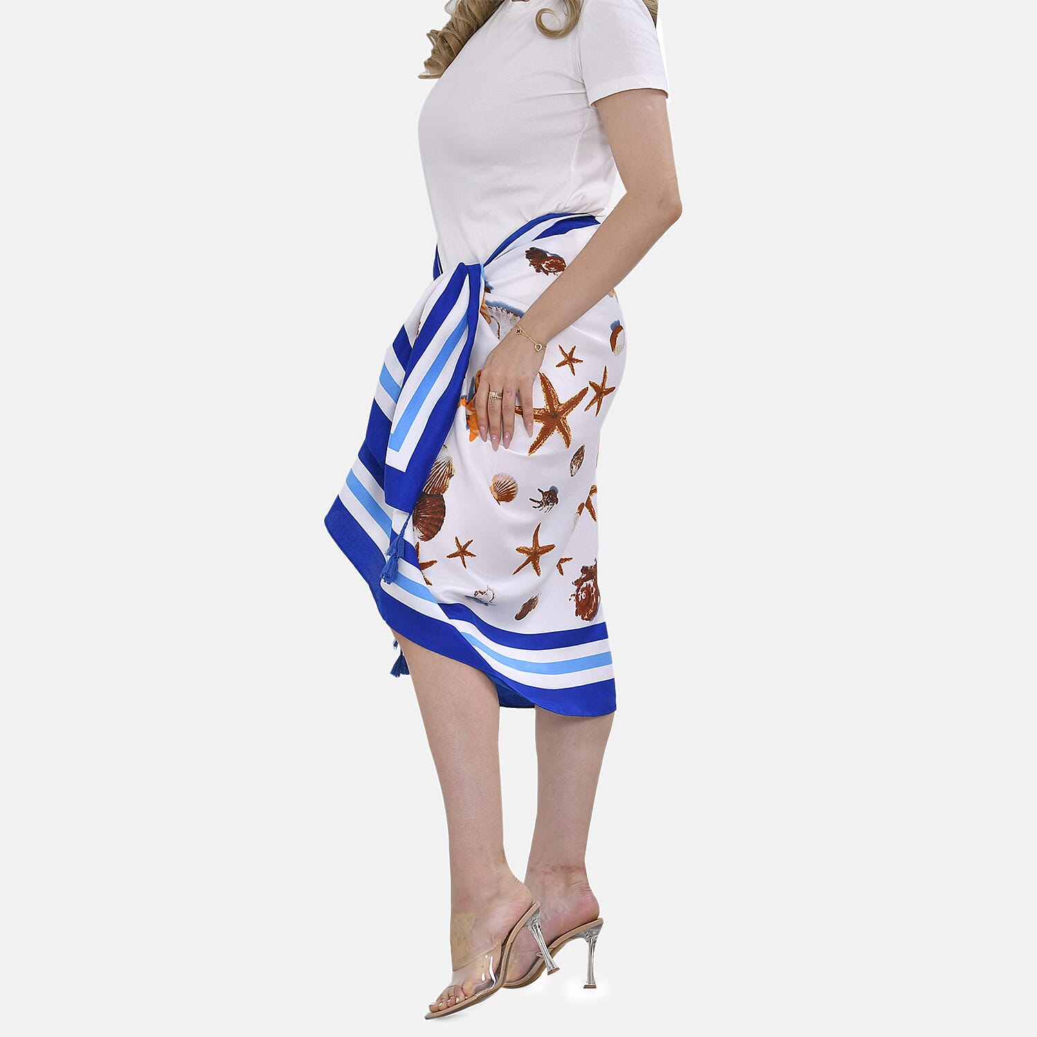 Closeout Deal Starfish Printed Cloud Brocade Long sarongs (Size 180x88 cm) - White