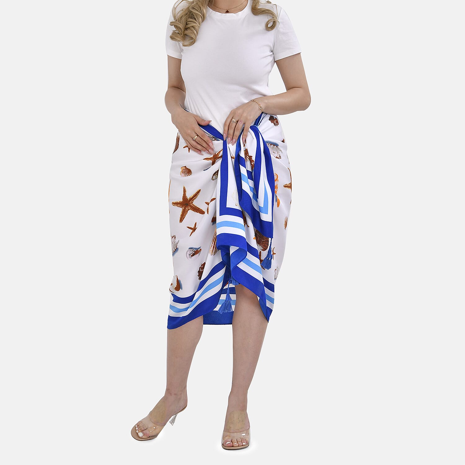 Closeout Deal Starfish Printed Cloud Brocade Long sarongs (Size 180x88 cm) - White