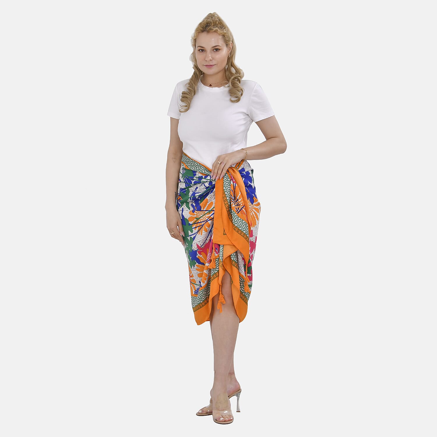 Closeout Deal Flower Printed Cloud Brocade Long Scarf (Size 180x88 cm) - Orange - Multi