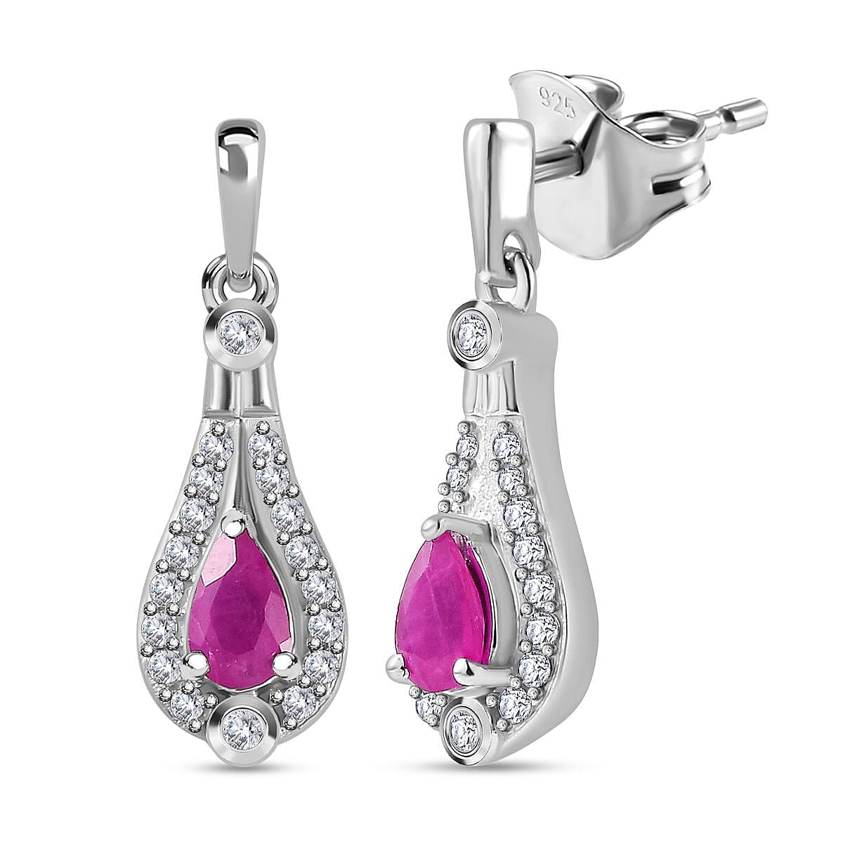 Natural John Saul Ruby & Natural Zircon Dangle Earrings in Platinum Overlay Sterling Silver