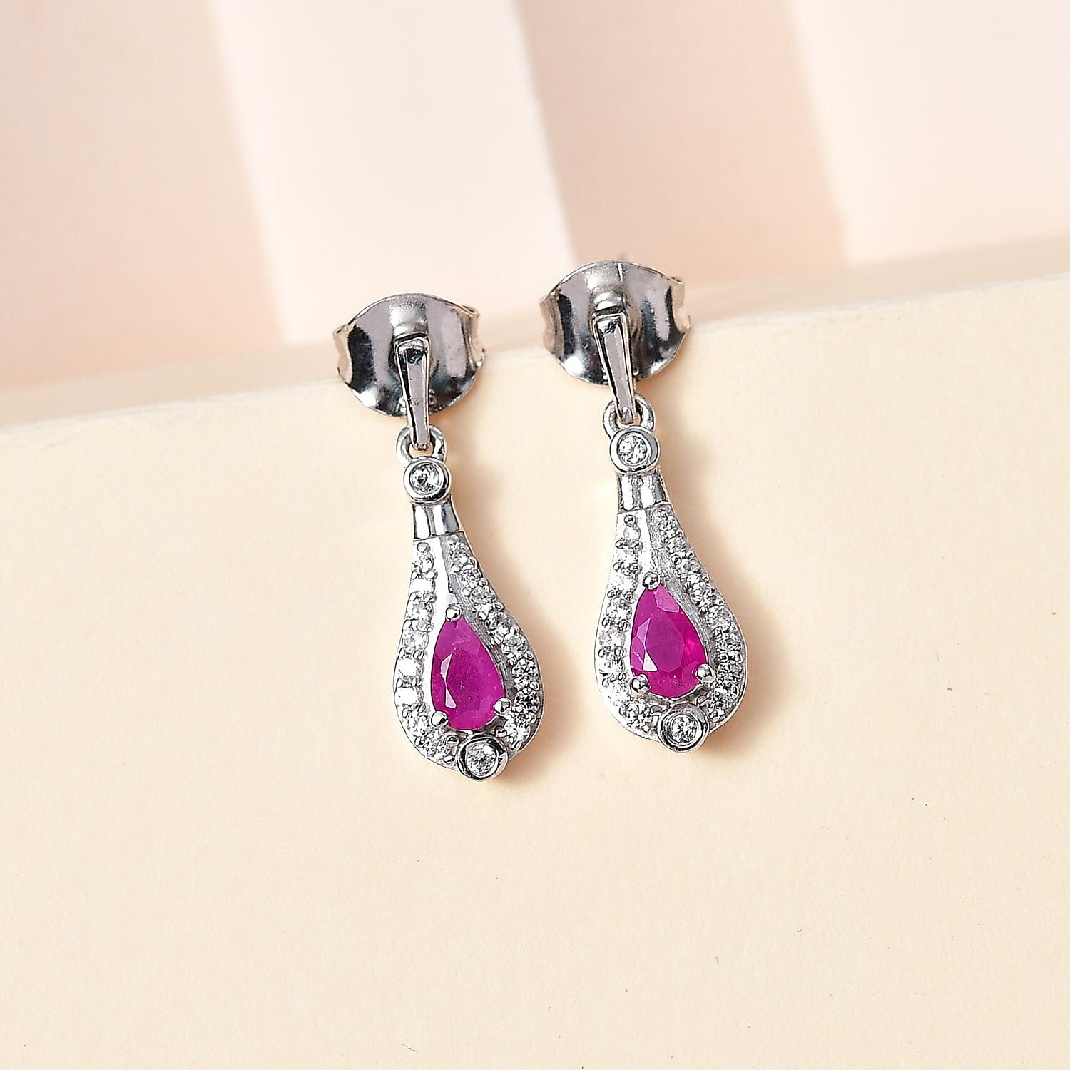 Natural John Saul Ruby & Natural Zircon Dangle Earrings in Platinum Overlay Sterling Silver