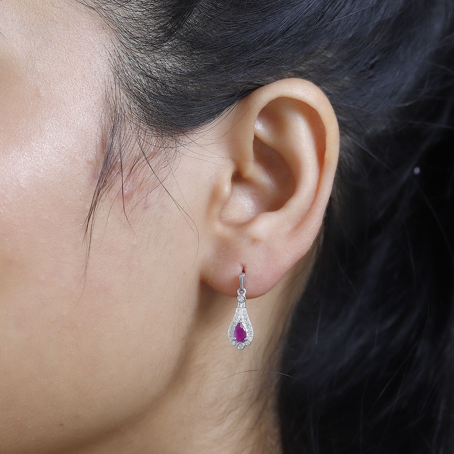 Natural John Saul Ruby & Natural Zircon Dangle Earrings in Platinum Overlay Sterling Silver