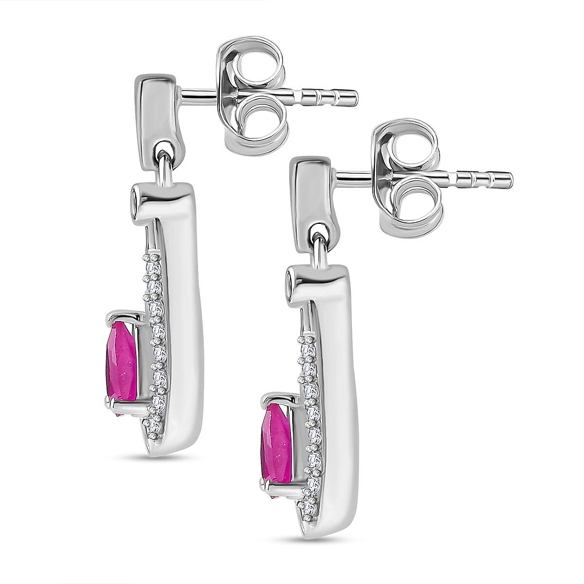 Natural John Saul Ruby & Natural Zircon Dangle Earrings in Platinum Overlay Sterling Silver