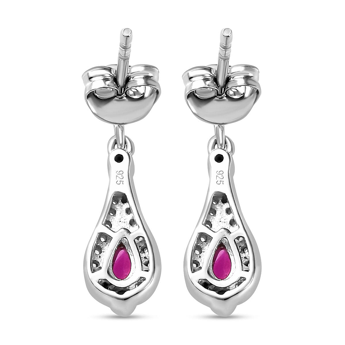Natural John Saul Ruby & Natural Zircon Dangle Earrings in Platinum Overlay Sterling Silver