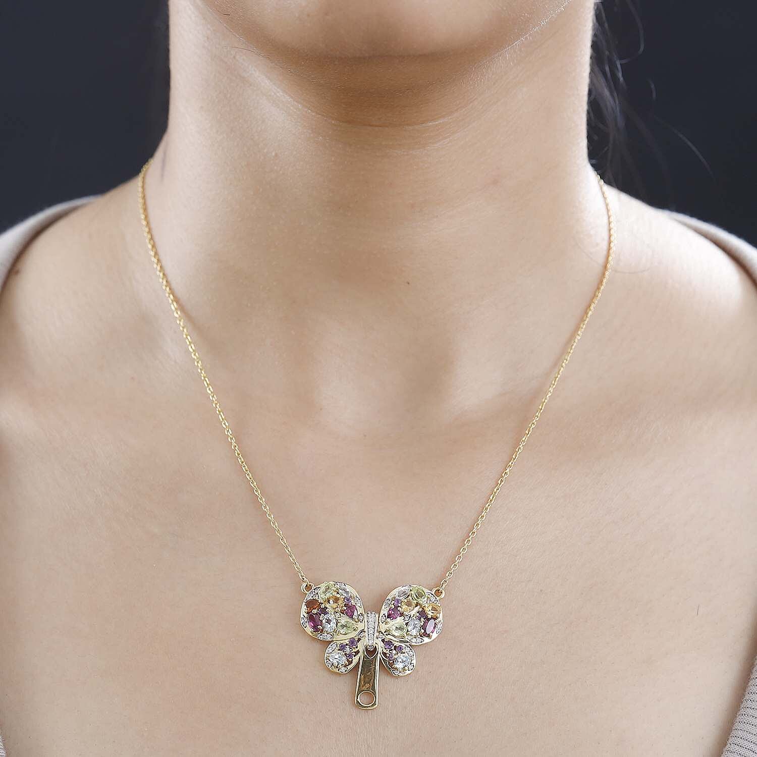 GP Italian Garden Collection - Hebei Peridot & Multi Gemstone Cluster Necklace (Size - 20) in 18K Vermeil Yellow Gold Plated Sterling Silver 4.00 Ct, Silver Wt. 7.90 Gms