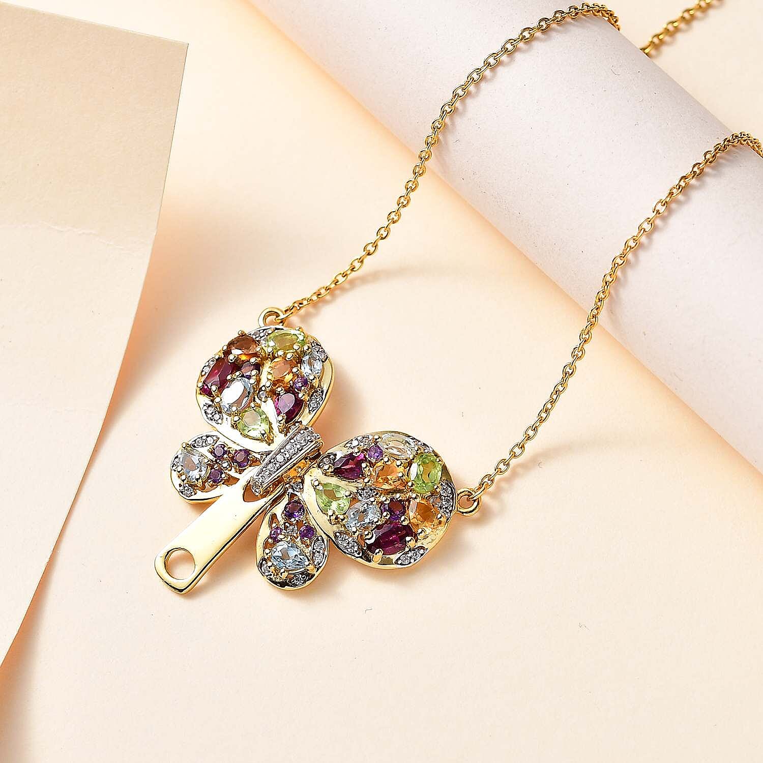 GP Italian Garden Collection - Hebei Peridot & Multi Gemstone Cluster Necklace (Size - 20) in 18K Vermeil Yellow Gold Plated Sterling Silver 4.00 Ct, Silver Wt. 7.90 Gms