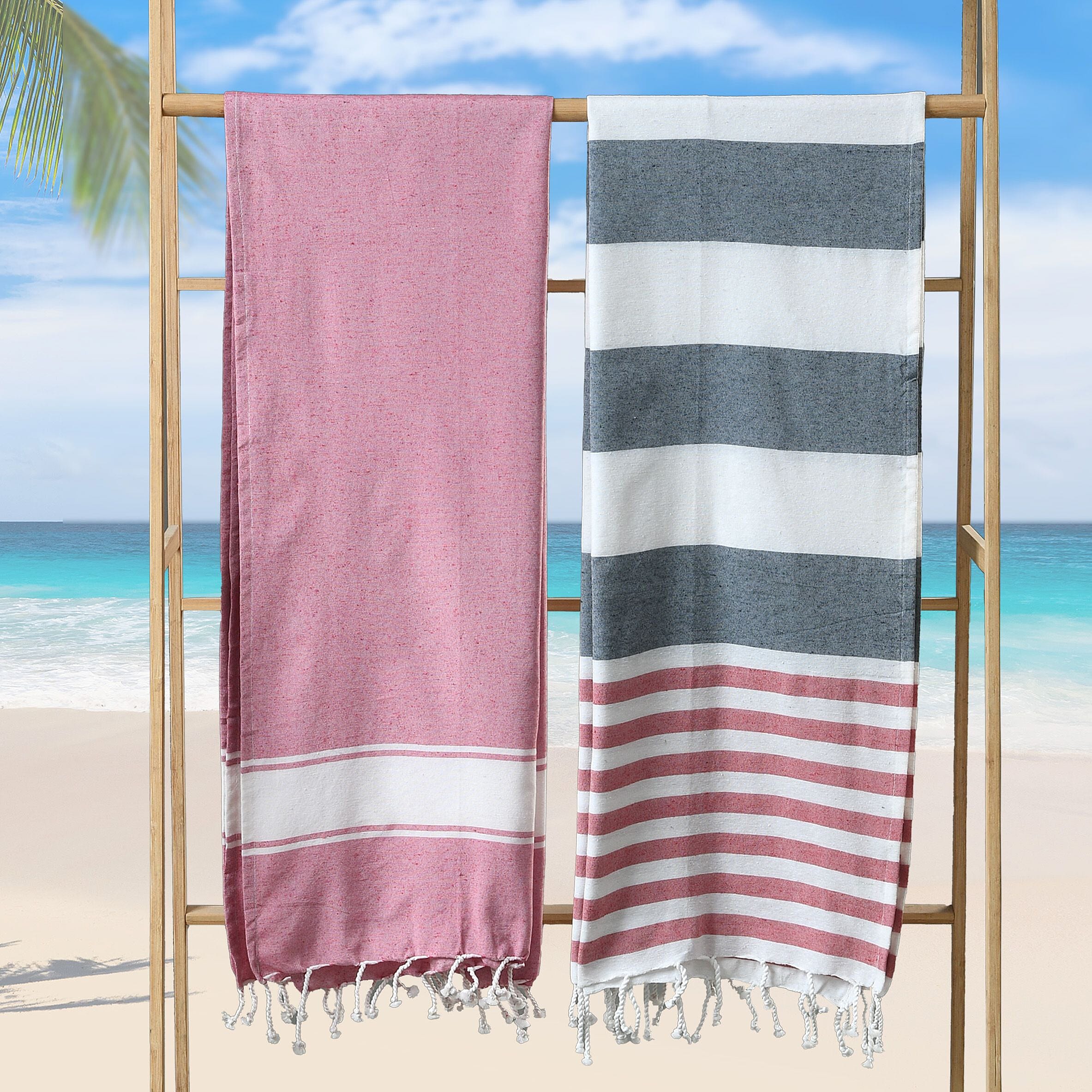 Set of 2 Cotton Recycled Stripe Bath Towel (Size 170x90cm) - Pink