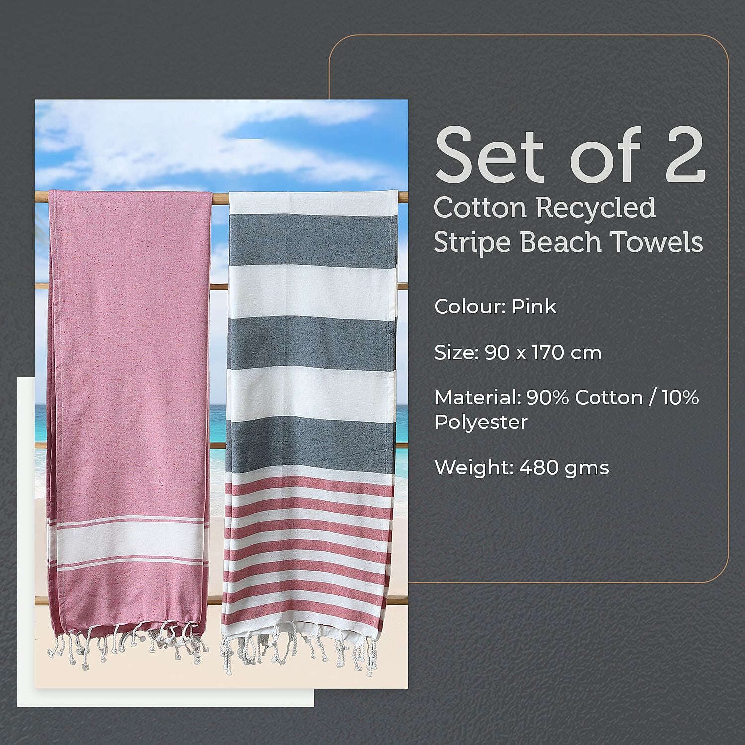 Set of 2 Cotton Recycled Stripe Bath Towel (Size 170x90cm) - Pink