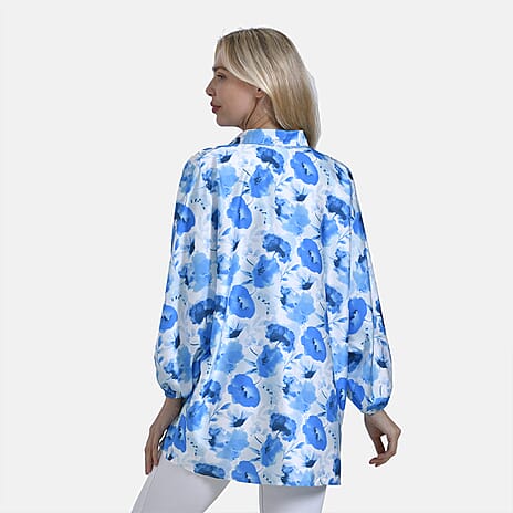 La Marey Soft Satin Flower Printed Top (Size S-M) - Blue