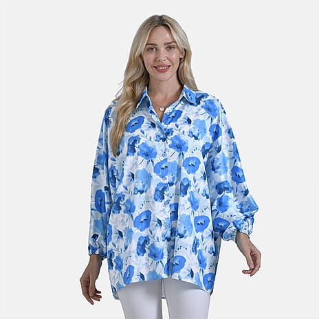 La Marey Soft Satin Flower Printed Top (Size S-M) - Blue