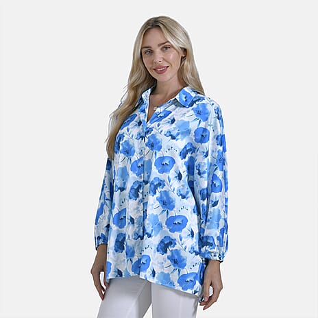 La Marey Soft Satin Flower Printed Top (Size S-M) - Blue