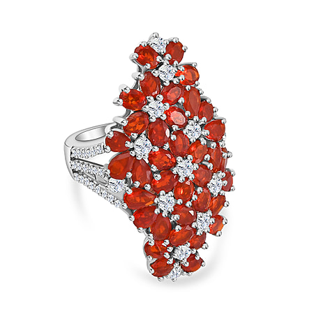 Salamanca Fire Opal & Natural Zircon Cluster Floral Ring in Platinum Overlay Sterling Silver 5.96 Ct.