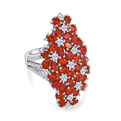 Natural Salamanca Fire Opal & Natural Zircon Cluster Floral Ring in Platinum Overlay Sterling Silver 5.96 Ct.