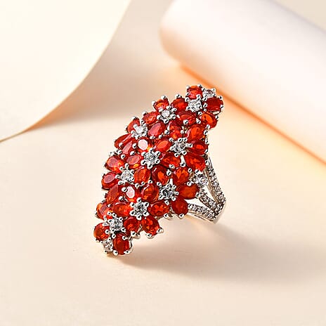 Natural Salamanca Fire Opal & Natural Zircon Cluster Floral Ring in Platinum Overlay Sterling Silver 5.96 Ct.