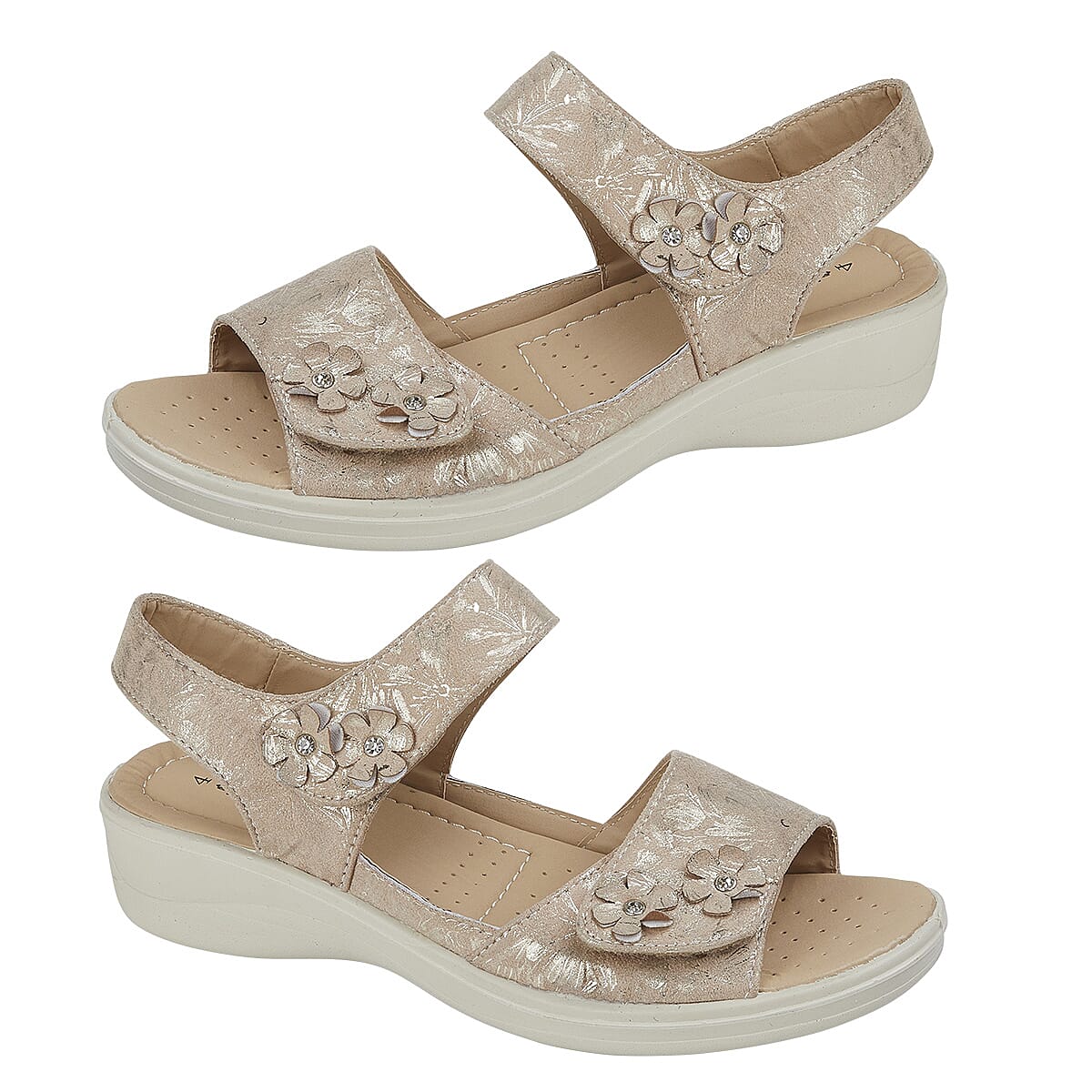 ShoeTree Comfort-AZALEA Ladies White Wedge Metallic Sandal (Size 3) - Beige