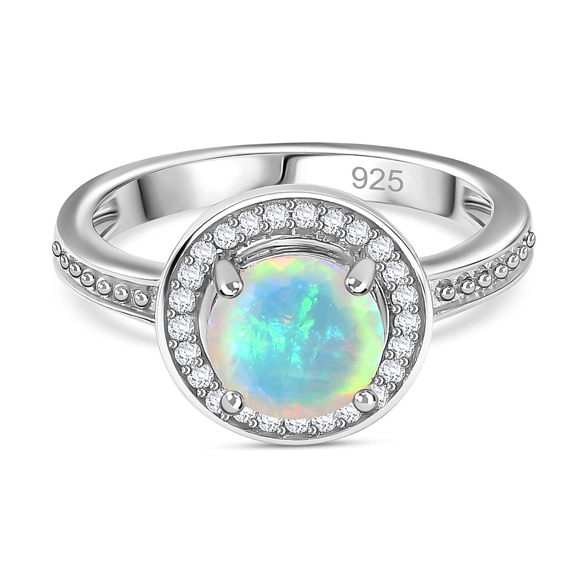Ethiopian Welo Opal & Natural Zircon Ring in Platinum Overlay Sterling Silver 1.03 Ct