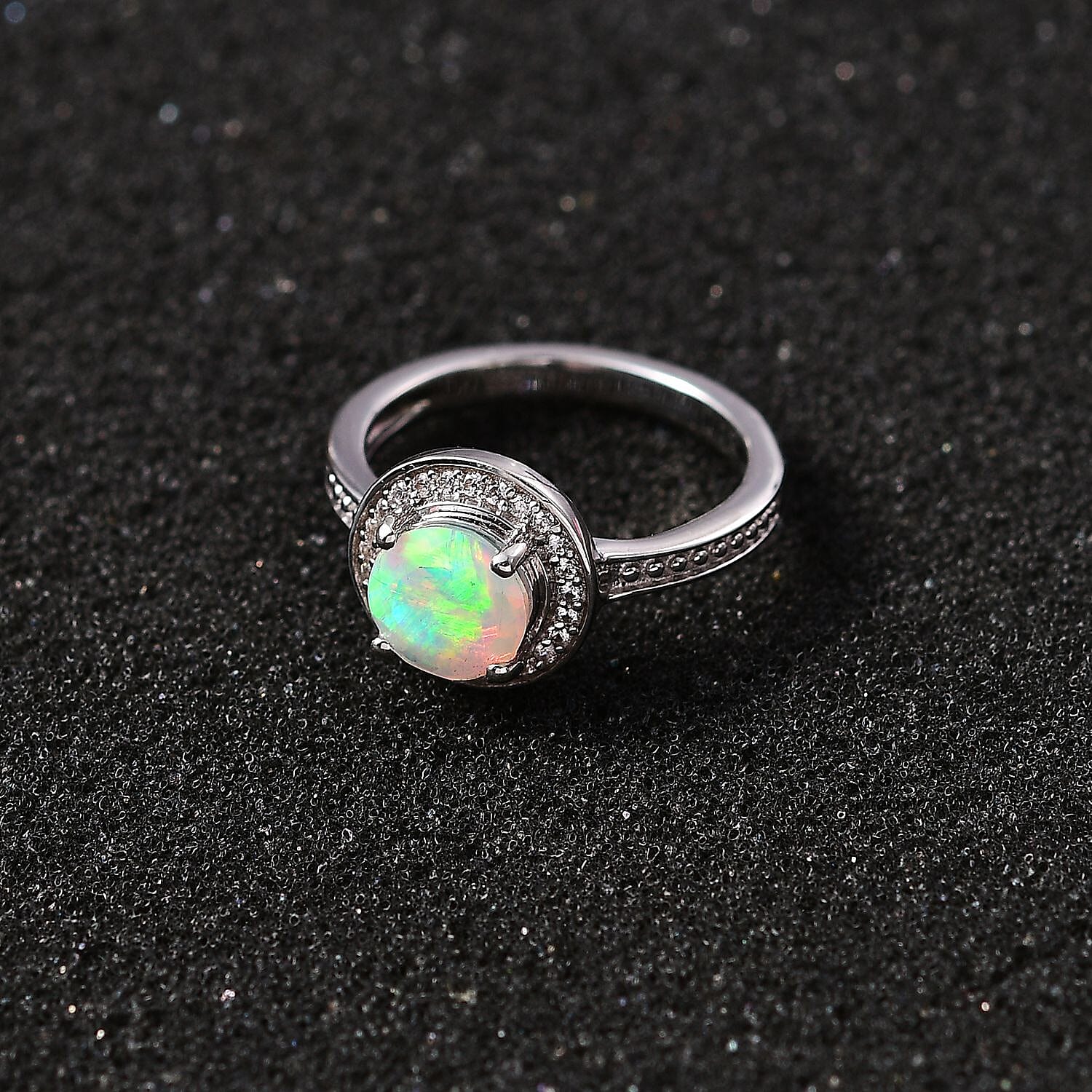 Ethiopian Welo Opal & Natural Zircon Ring in Platinum Overlay Sterling Silver 1.03 Ct