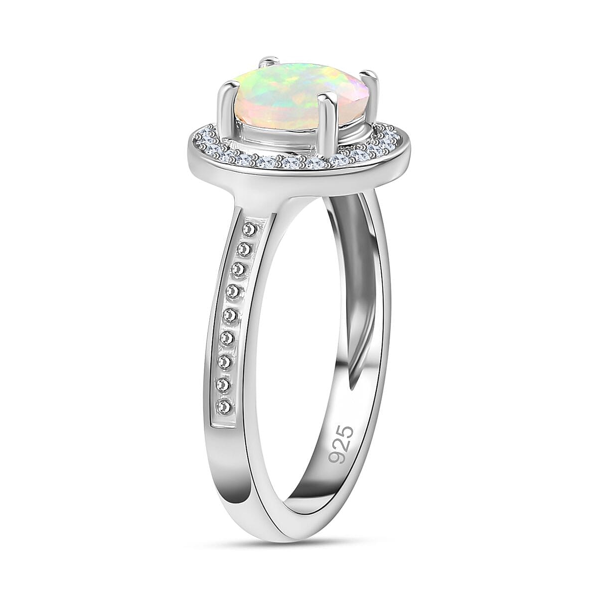 Ethiopian Welo Opal & Natural Zircon Ring in Platinum Overlay Sterling Silver 1.03 Ct