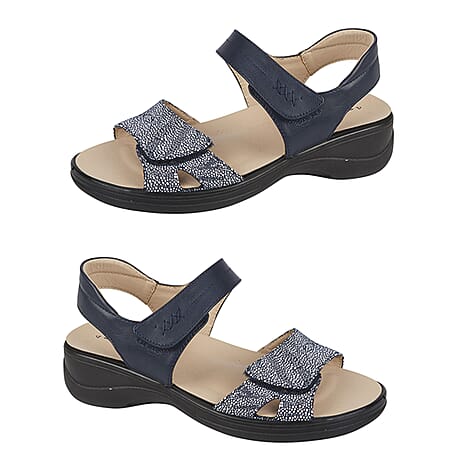 ShoeTree Comfort-IRIS Low Wedge Wide Fitting Sandal (Size 6) - Navy