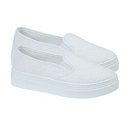 URBAN JACKS Ladies Twin Gusset Embroidery Anglaise Canvas on Platform Sole - White