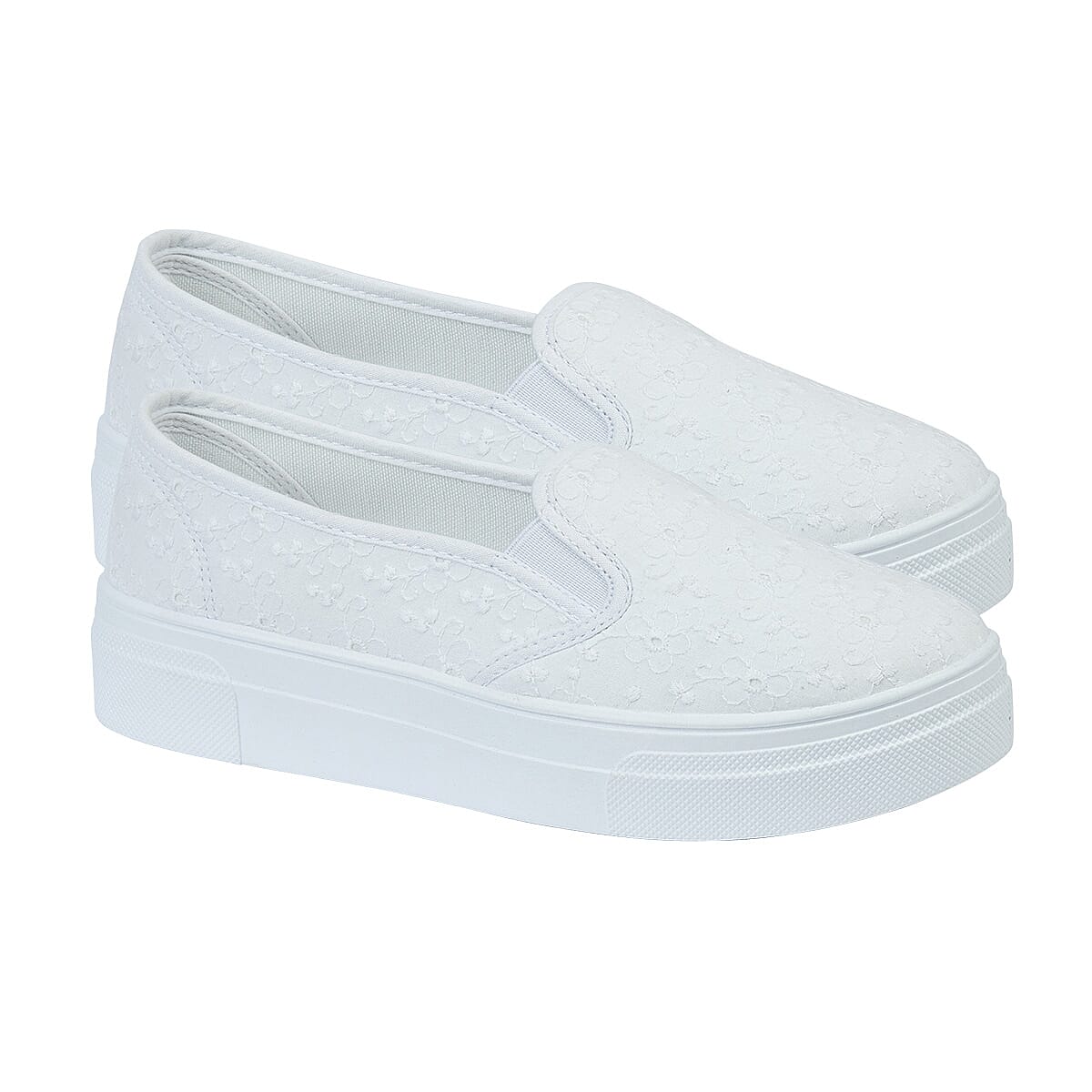 URBAN JACKS Ladies Twin Gusset Embroidery Anglaise Canvas on Platform Sole (Size 4) - White