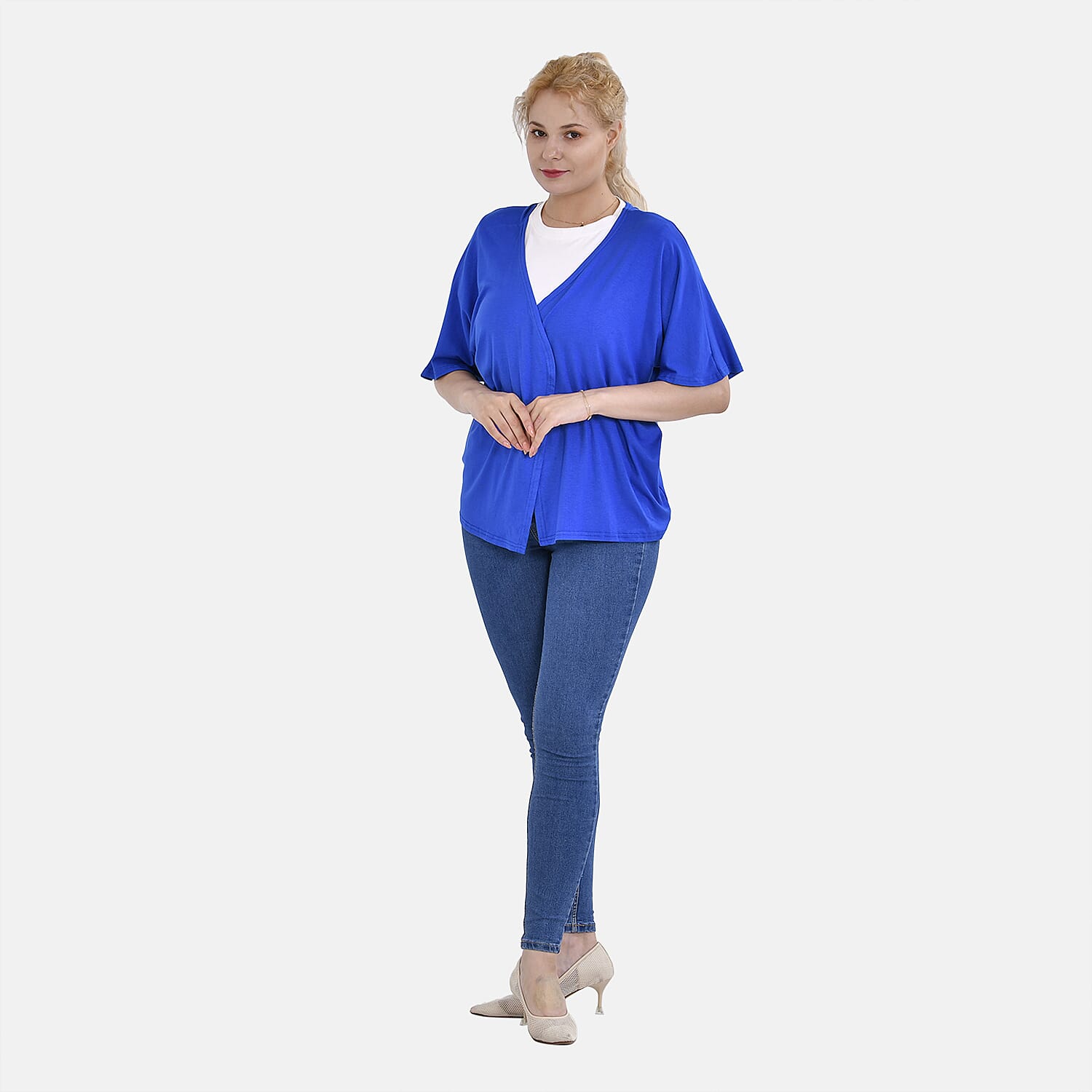 TAMSY V-Neck Mid-Sleeve Cardigan (One Size) - Blue