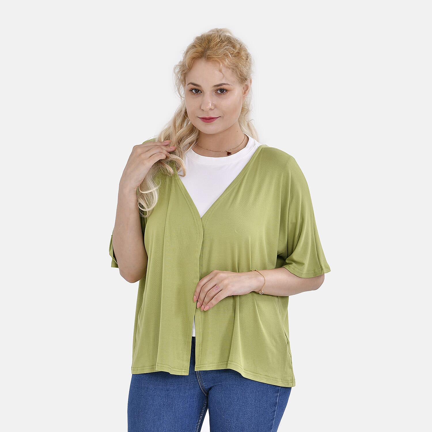 Tamsy V-Neck Mid-Sleeve Cardigan (One Size) - Green