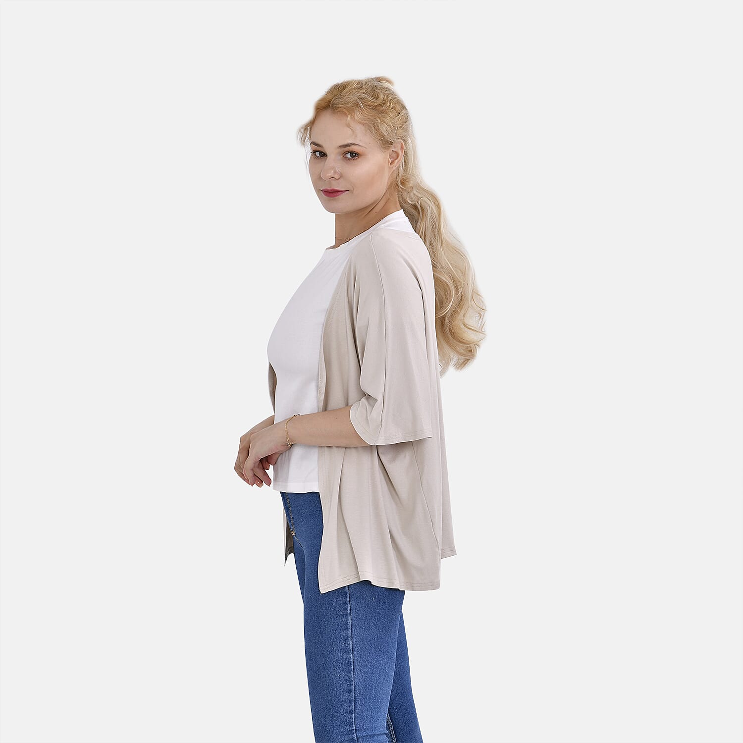 Tamsy V-Neck Mid-Sleeve Cardigan (One Size) - Beige