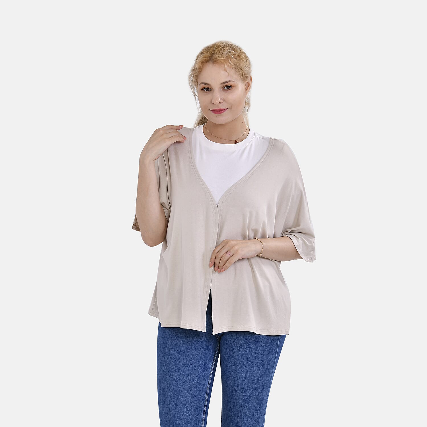 Tamsy V-Neck Mid-Sleeve Cardigan (One Size) - Beige