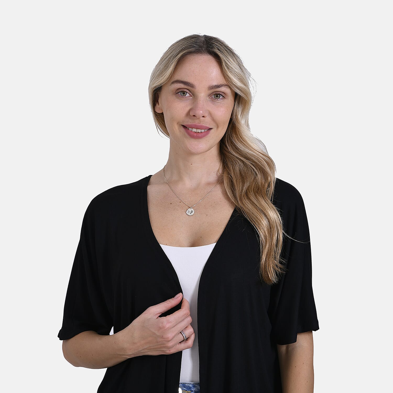 Tamsy Classic V-Neck Mid-Sleeve Bolero Cardigan (Size 8-18) - Black Tamsy Classic V-Neck Mid-Sleeve Bolero Cardigan (Size 8-18) - Black
