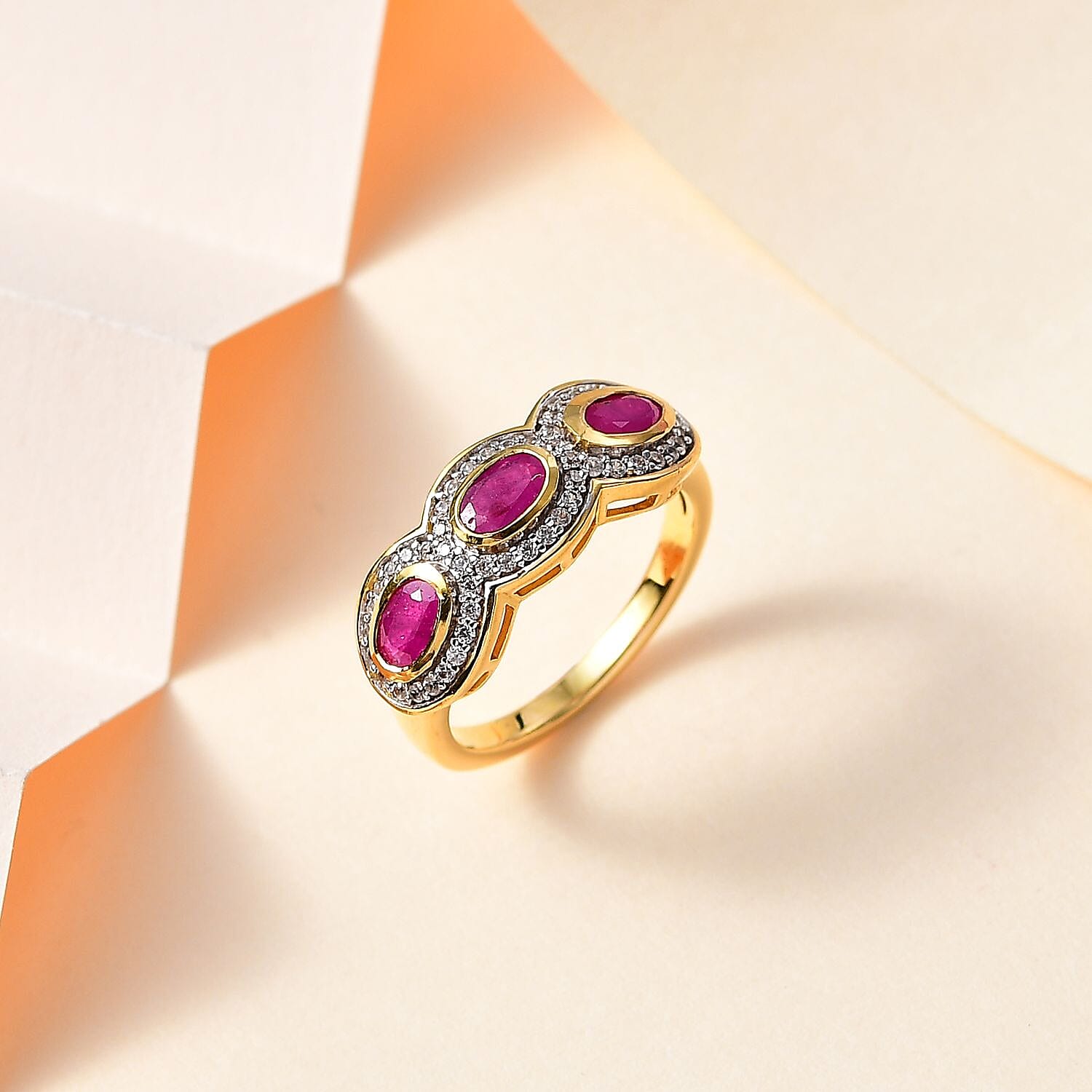 Natural John Saul Ruby & Natural Zircon Ring in 18K Vermeil YG Plated Sterling Silver 1.36 Ct
