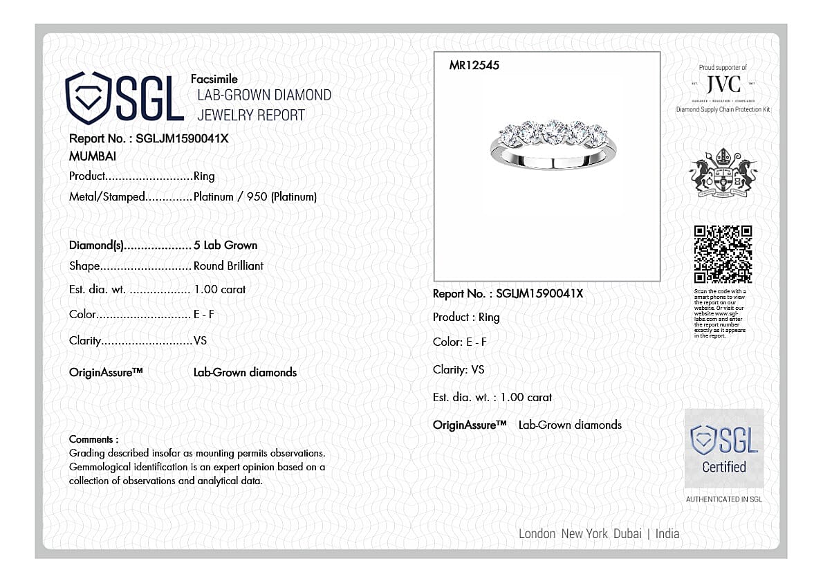 Luxuriant 950 Platinum SGL Certified (VS-EF) Lab Grown Diamond 5 Stone Ring 1.00 Ct.