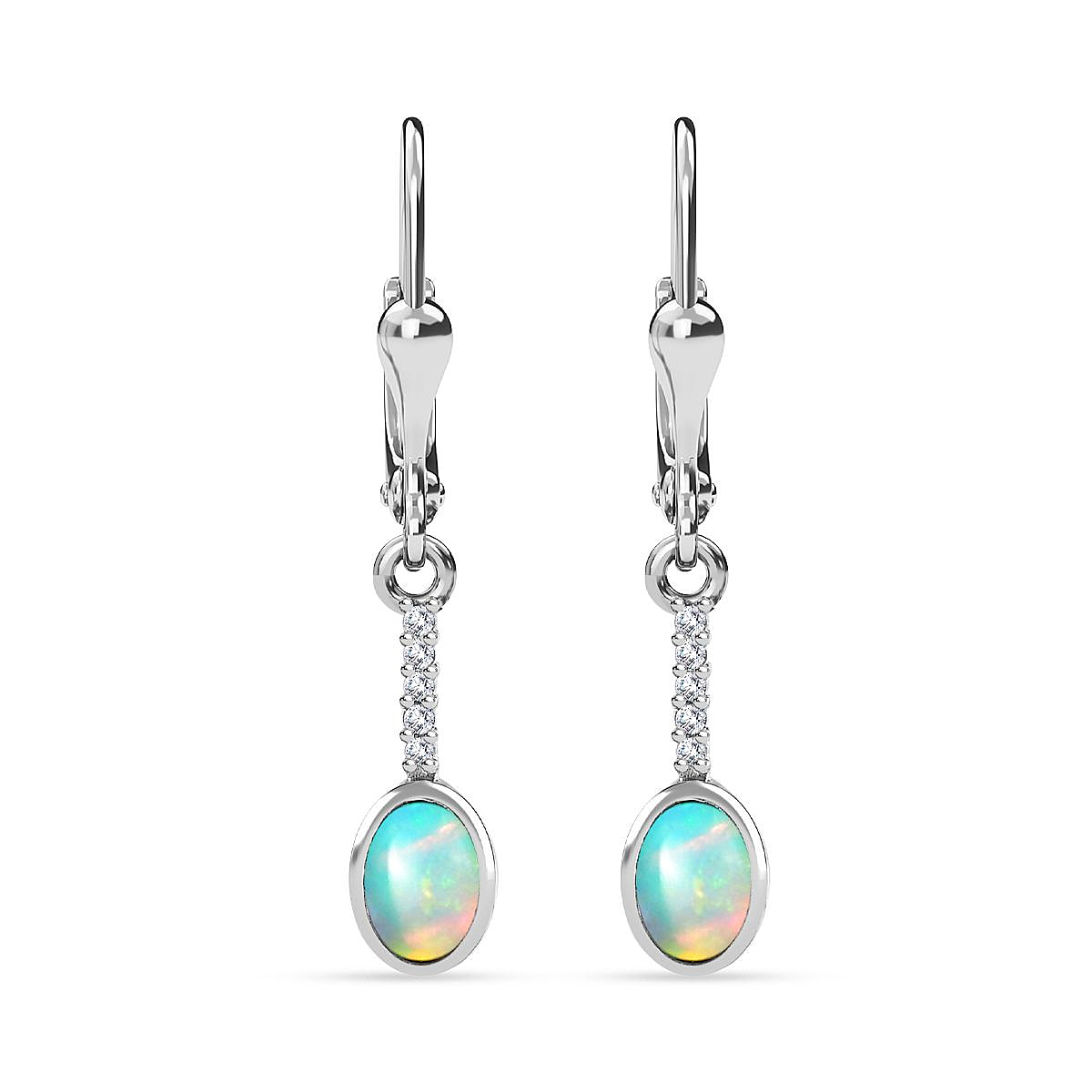 Opal and Natural Zircon Solitaire Dangle Earrings in Platinum Overlay Sterling Silver