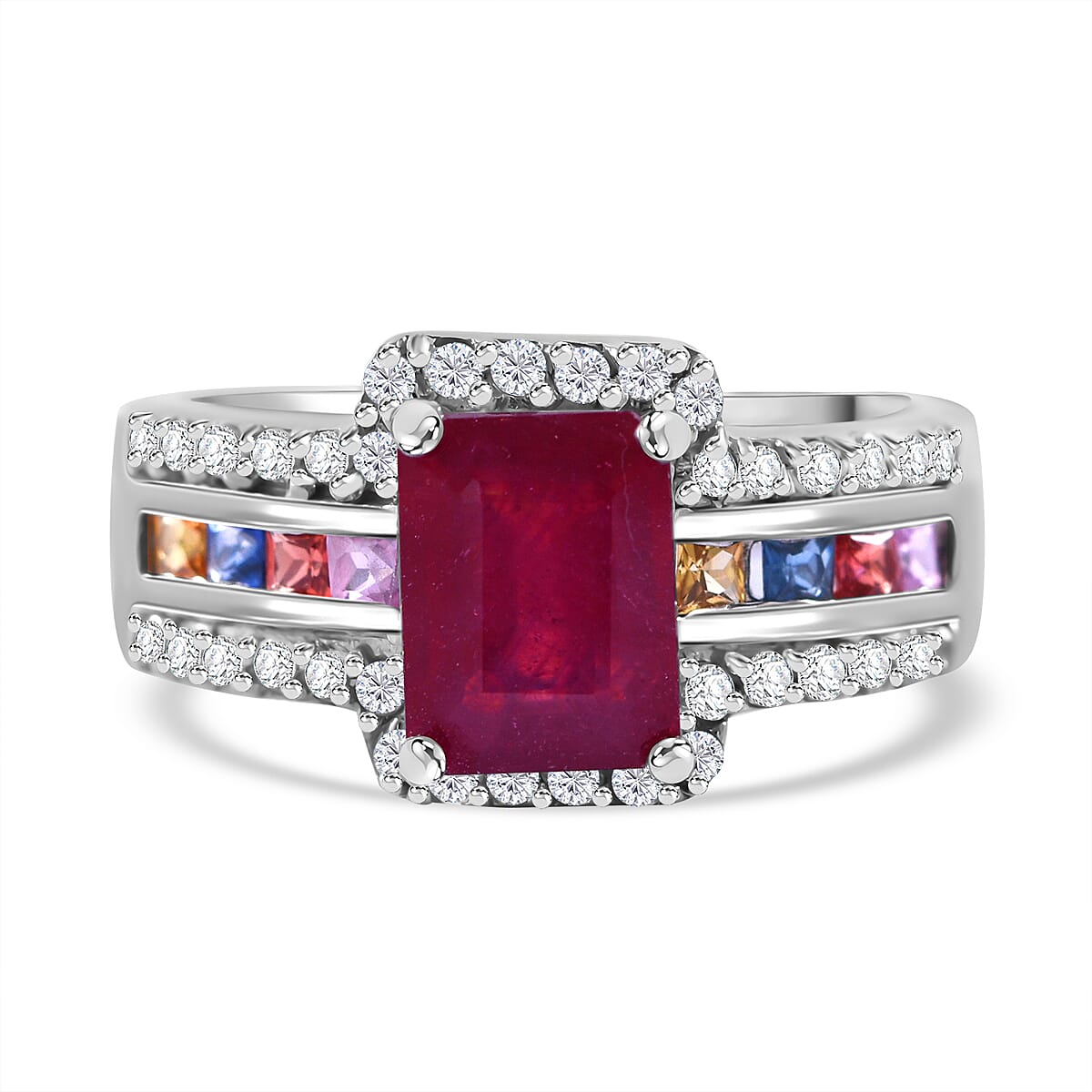 African Ruby, Rainbow Sapphire & Natural Zircon Ring in Rhodium Overlay Sterling Silver 3.05 Ct