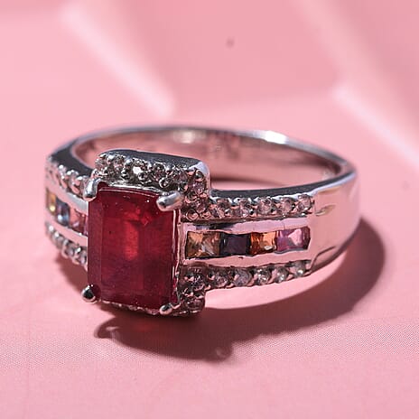 African Ruby, Rainbow Sapphire & Natural Zircon Ring in Rhodium Overlay Sterling Silver 3.05 Ct