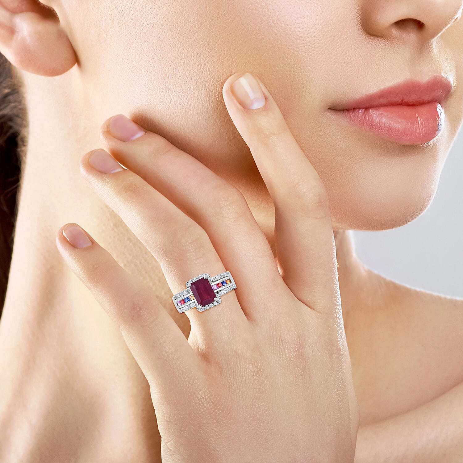 African Ruby, Rainbow Sapphire & Natural Zircon Ring in Rhodium Overlay Sterling Silver 3.05 Ct