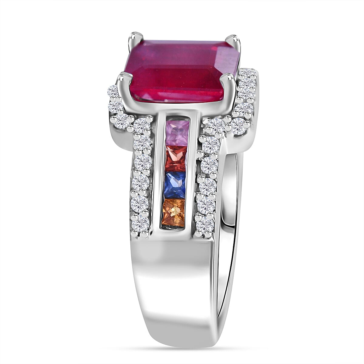 African Ruby, Rainbow Sapphire & Natural Zircon Ring in Rhodium Overlay Sterling Silver 3.05 Ct