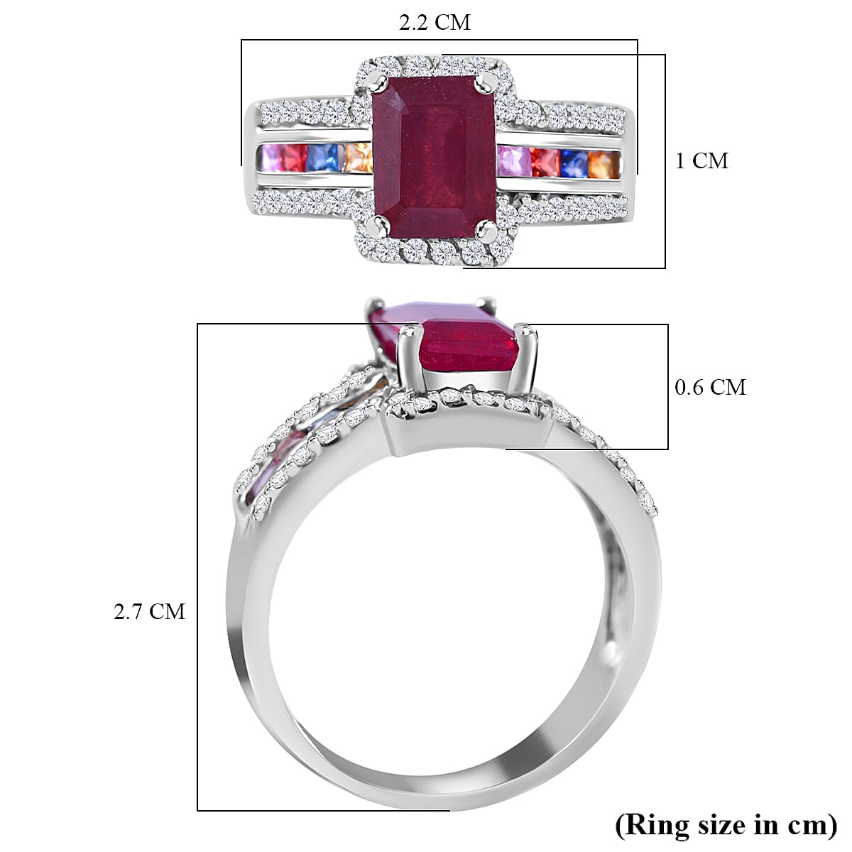 African Ruby, Rainbow Sapphire & Natural Zircon Ring in Rhodium Overlay Sterling Silver 3.05 Ct