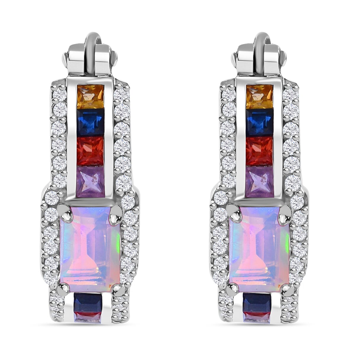 Ethiopian Welo Opal, Rainbow Sapphire & Natural Zircon Earrings in Rhodium Overlay Sterling Silver 2.13 Ct