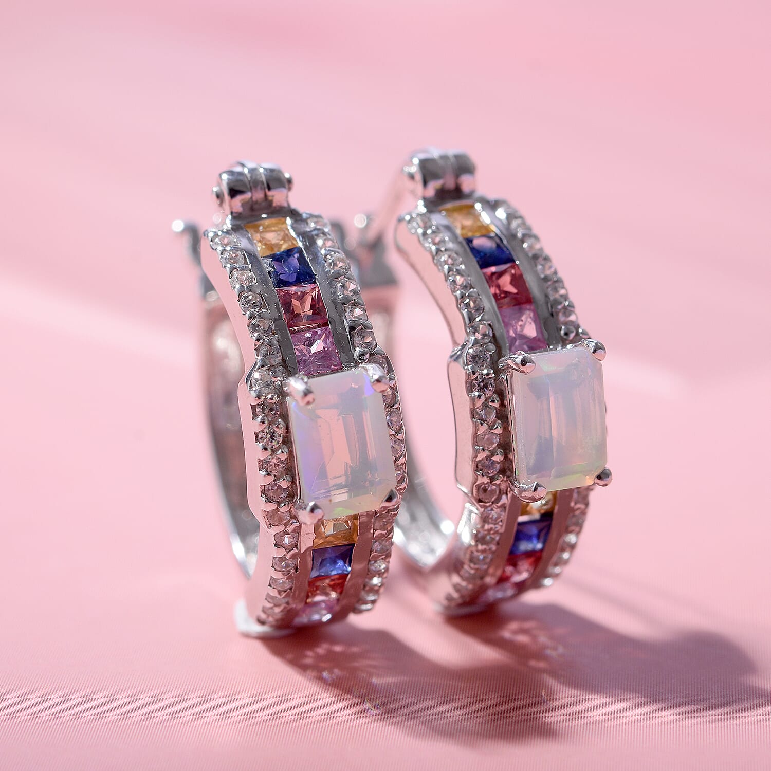 Ethiopian Welo Opal, Rainbow Sapphire & Natural Zircon Earrings in Rhodium Overlay Sterling Silver 2.13 Ct