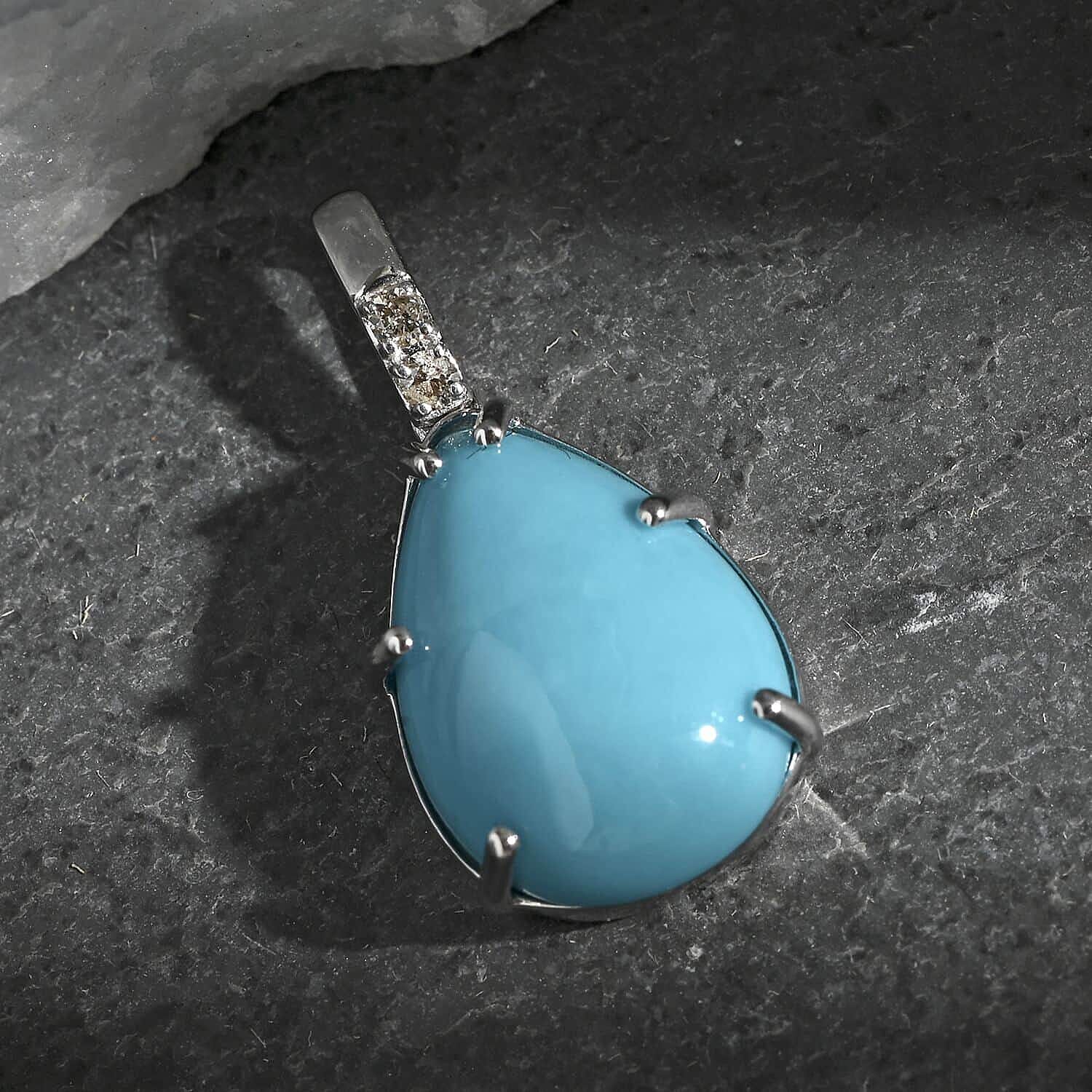 10K White Gold  AAA   Sleeping Beauty Turquoise ,  White Diamond  I2 Pendant 4.45 pc,  Gold Wt. 1.33 Gms  4.450  Ct.
