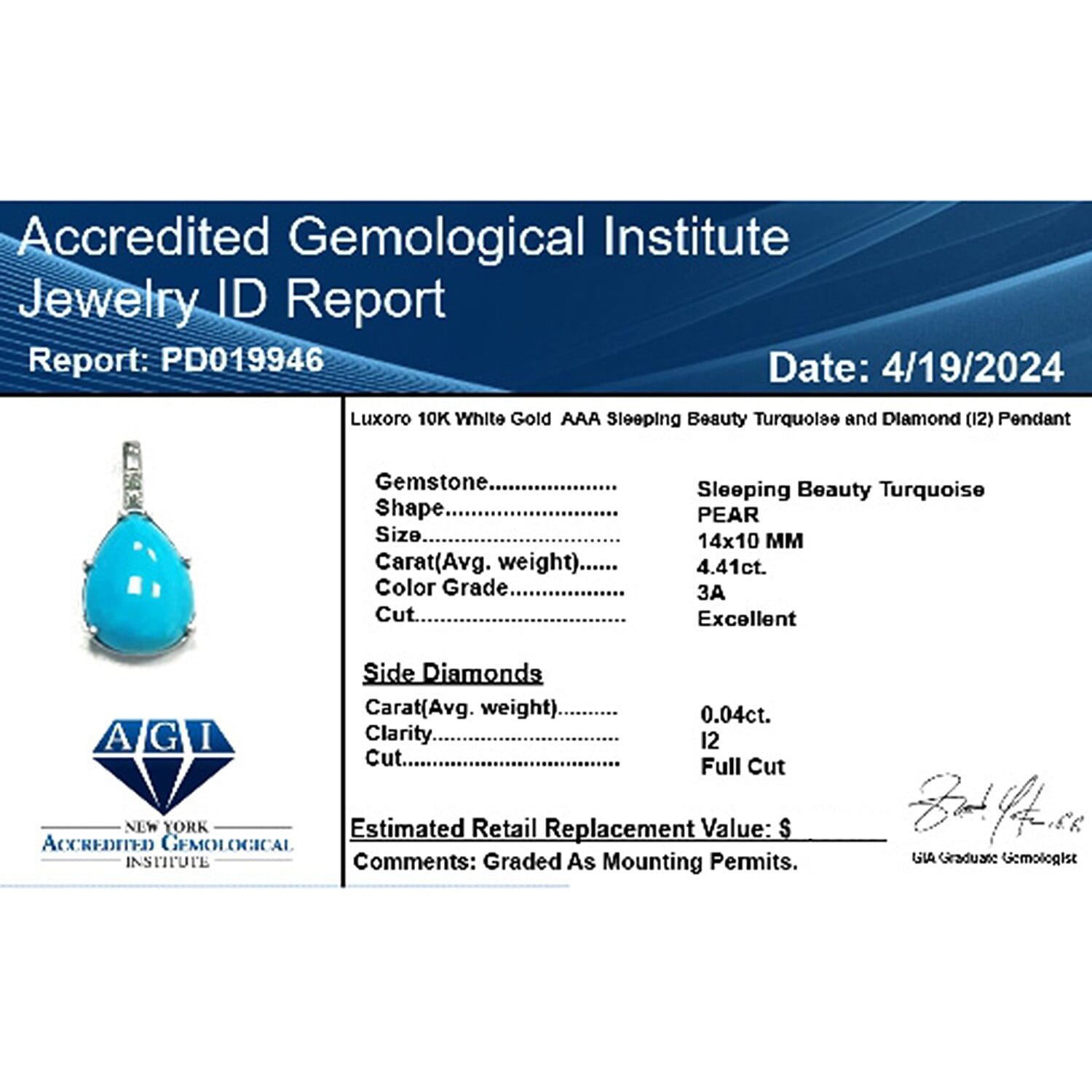 10K White Gold  AAA   Sleeping Beauty Turquoise ,  White Diamond  I2 Pendant 4.45 pc,  Gold Wt. 1.33 Gms  4.450  Ct.