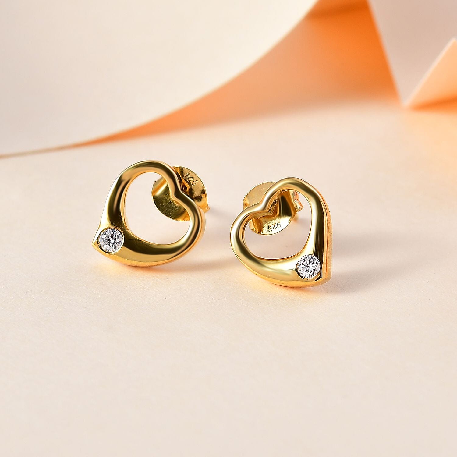Designer Inspiration -Moissanite Heart Stud Earrings in 18K YG Vermeil Plated Sterling Silver