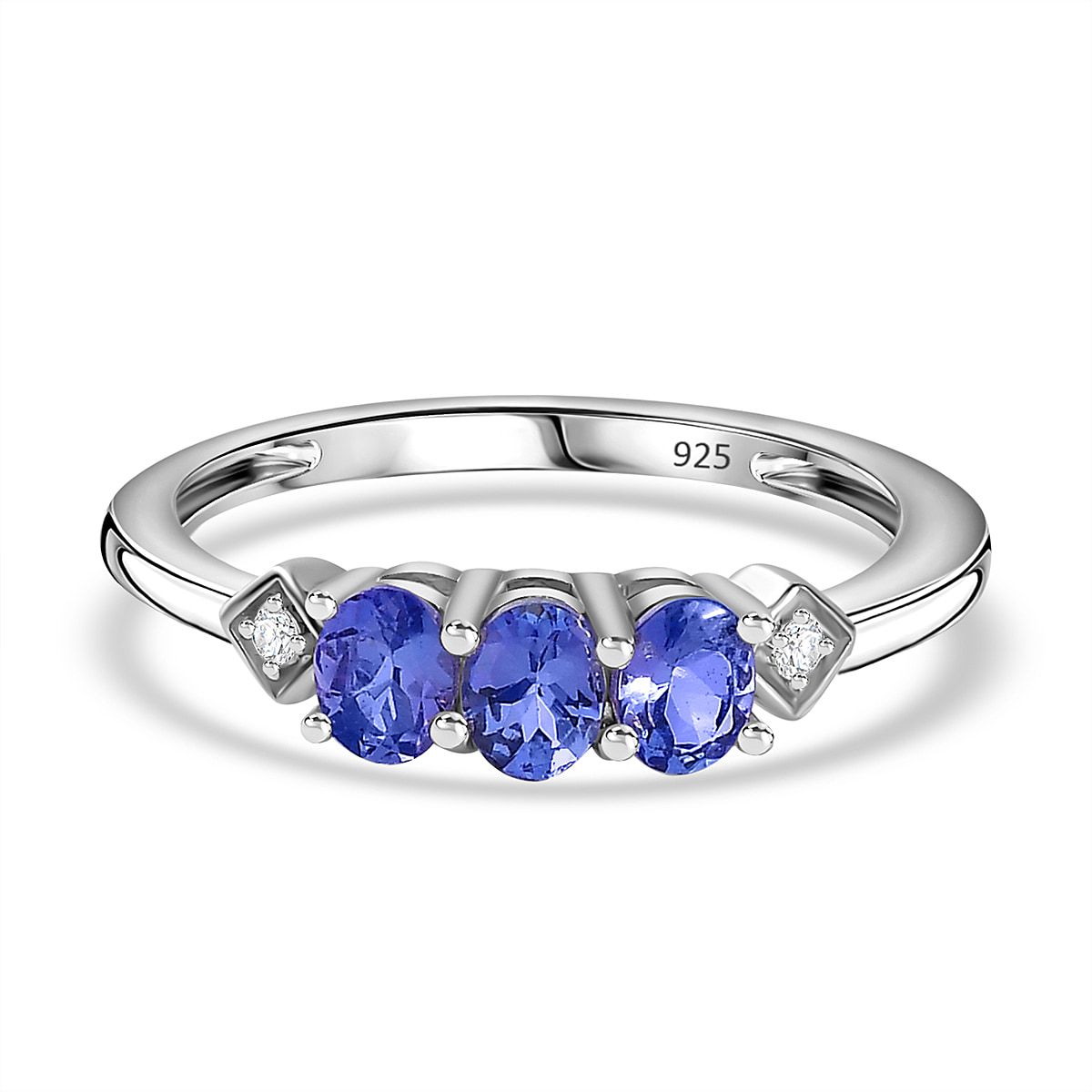 Tanzanite ,  White Zircon  Band Ring in Platinum Overlay Sterling Silver 0.55 ct  0.610  Ct.