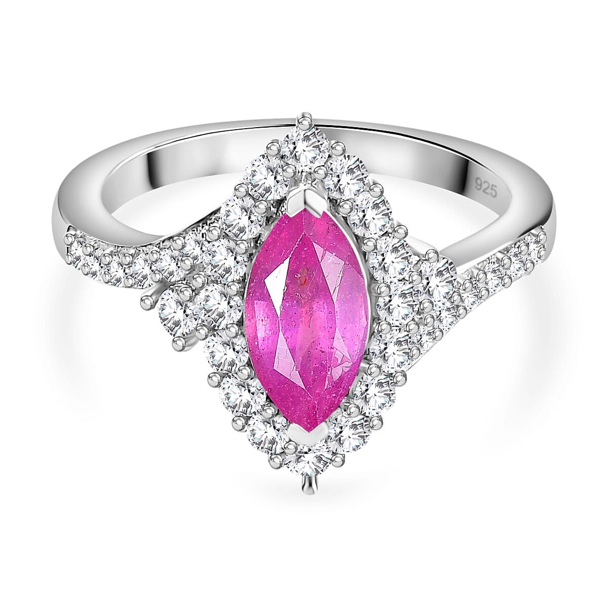 Pink Sapphire & Natural Zircon Halo Ring in Platinum Overlay Sterling Silver 2.15 Ct
