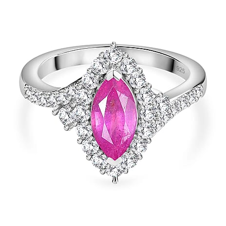 Pink Sapphire & Natural Zircon Halo Ring in Platinum Overlay Sterling Silver 2.15 Ct