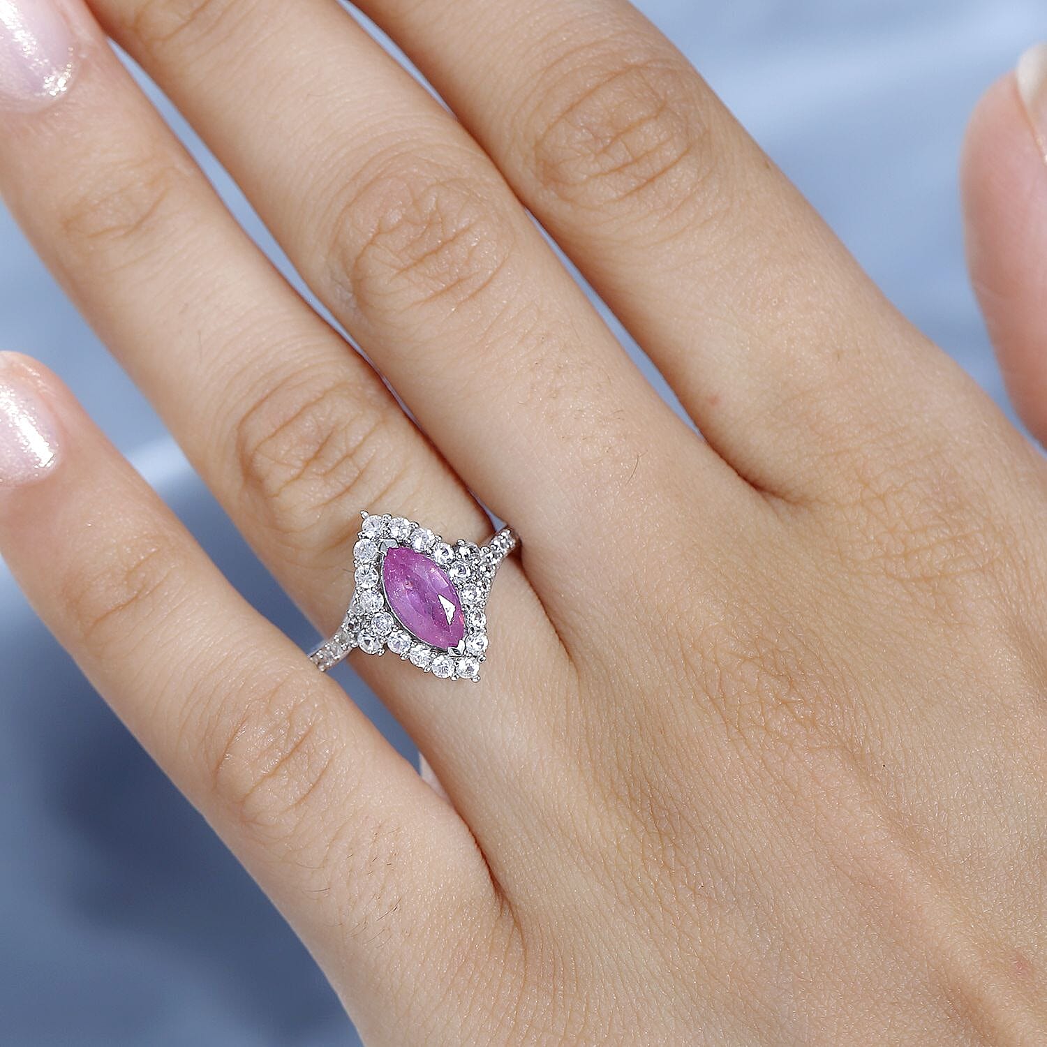 Pink Sapphire & Natural Zircon Halo Ring in Platinum Overlay Sterling Silver 2.15 Ct