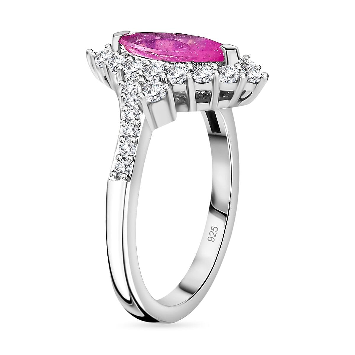 Pink Sapphire & Natural Zircon Halo Ring in Platinum Overlay Sterling Silver 2.15 Ct